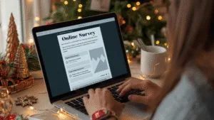 Picture of a woman taking a survey on her laptop with holiday decor around her